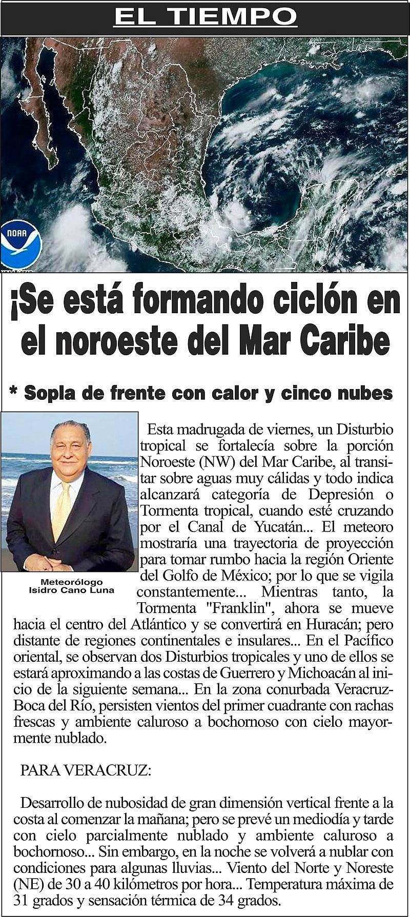 ¡SE ESTÁ FORMANDO CICLÓN EN EL NOROESTE DEL MAR CARIBE!