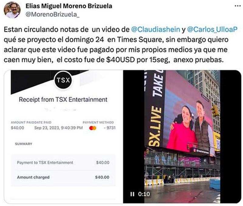 ¡PAGÓ ELÍAS MIGUEL ANUNCIO DE CLAUDIA EN EL TIMES SQUARE! -“Fue Pagado por mis Propios Medios ya que me cae Muy Bien, el Costo fue de 40 por 15 segundos"