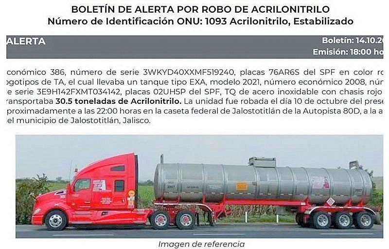 ¡ALERTAN A 8 ESTADOS POR ROBO DE TRÁILER CON SUSTANCIA TÓXICA! -Acrilonitrilo, Es un líquido incoloro y tiene olor dulce y acre, que se disuelve fácil, también es explosivo e inflamable, se usa para hacer plásticos