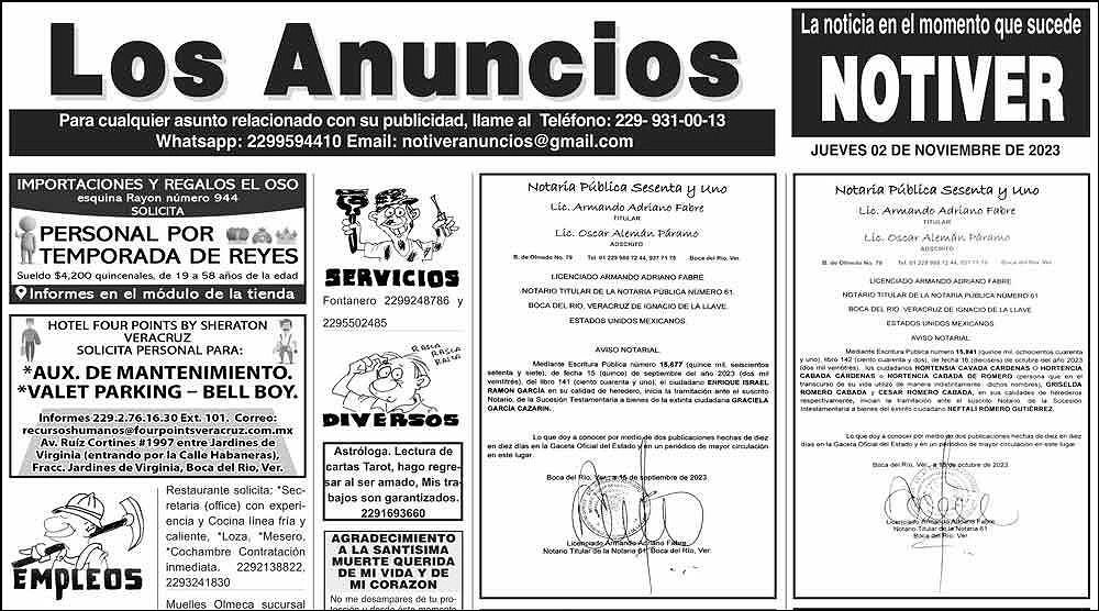 ...LOS ANUNCIOS, AVISOS Y DEMÁS! - JUEVES, 2 DE NOVIEMBRE 2023