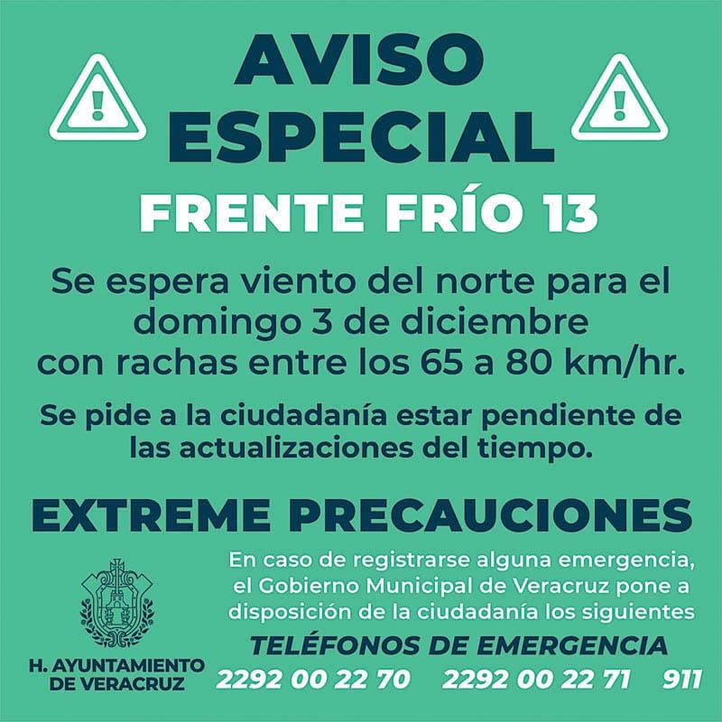 ¡TODOS ALERTAS! -* Por la entrada del Frente Frío No.13 se esperan vientos del norte con rachas entre los 65 a 80 kph dice Pati-Yu