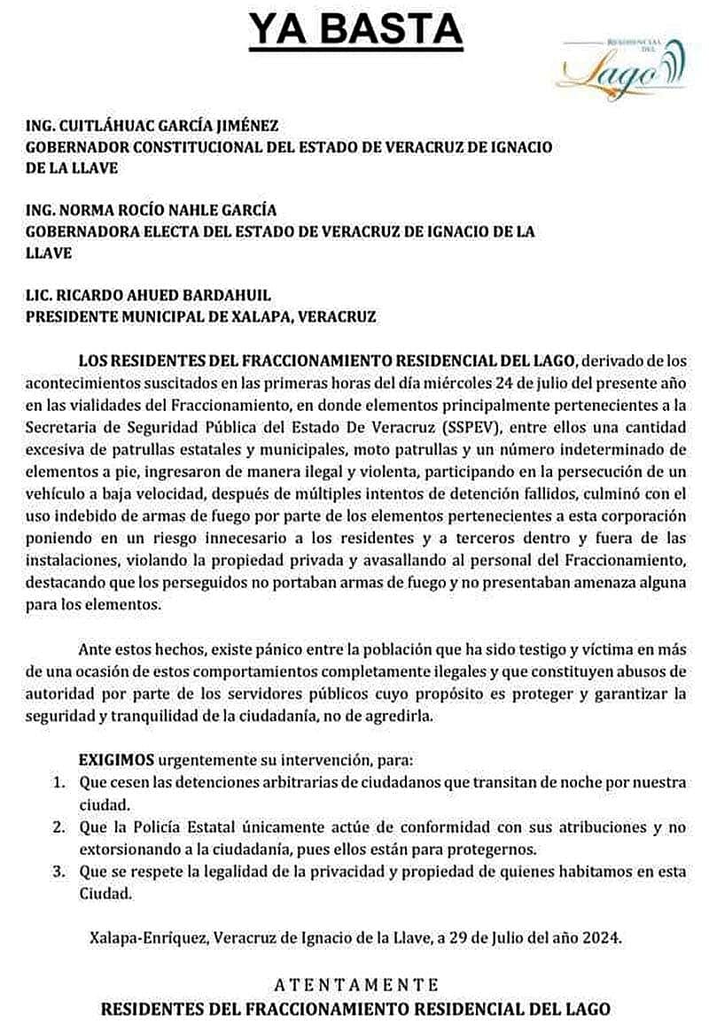 ¡YA BASTA! - *RESIDENCIAL DEL LAGO, EN XALAPA *PIDEN UN ALTO A LOS ABUSOS DE POLICÍAS *LES DICEN A CUI, CHIO Y AHUED