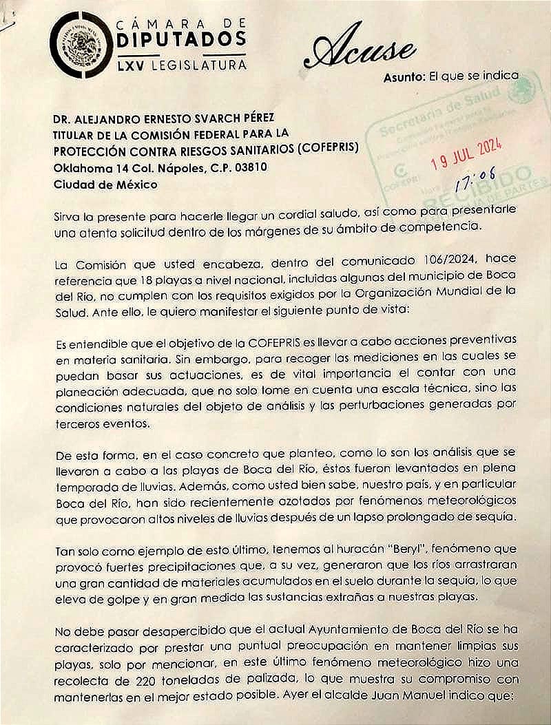 ¡CARTEAN A COFEPRIS! - “Los análisis que se llevaron en las playas de Boca del Río, fueron levantados en plena temporada de lluvias”