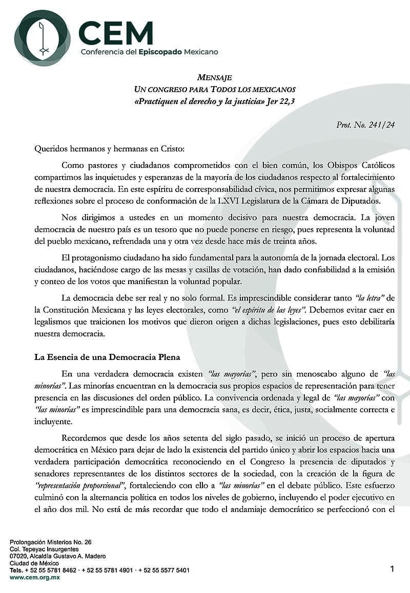 ¡PRESIONAN OBISPOS! - *No quieren la sobrerrepresentación *Que “se respete tanto la letra como el espíritu de las Leyes”