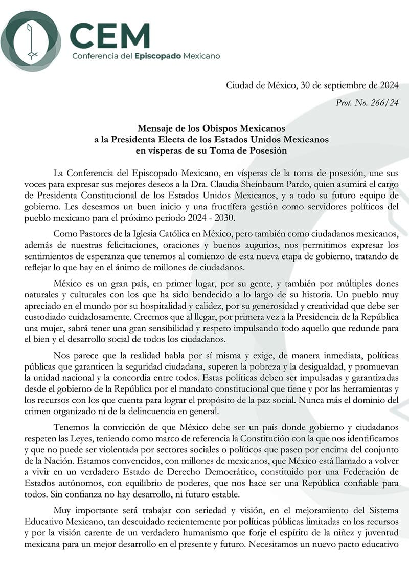 ¡HASTA REZAN! - “Nos permitimos expresar los sentimientos de esperanza que tenemos al comienzo de esta nueva etapa de gobierno”