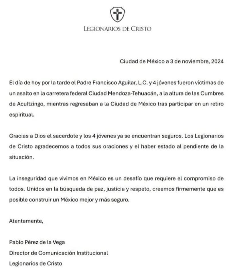 ¡LIBERAN A SACERDOTE Y 4 LEGIONARIOS DE CRISTO QUE FUERON SECUESTRADOS!