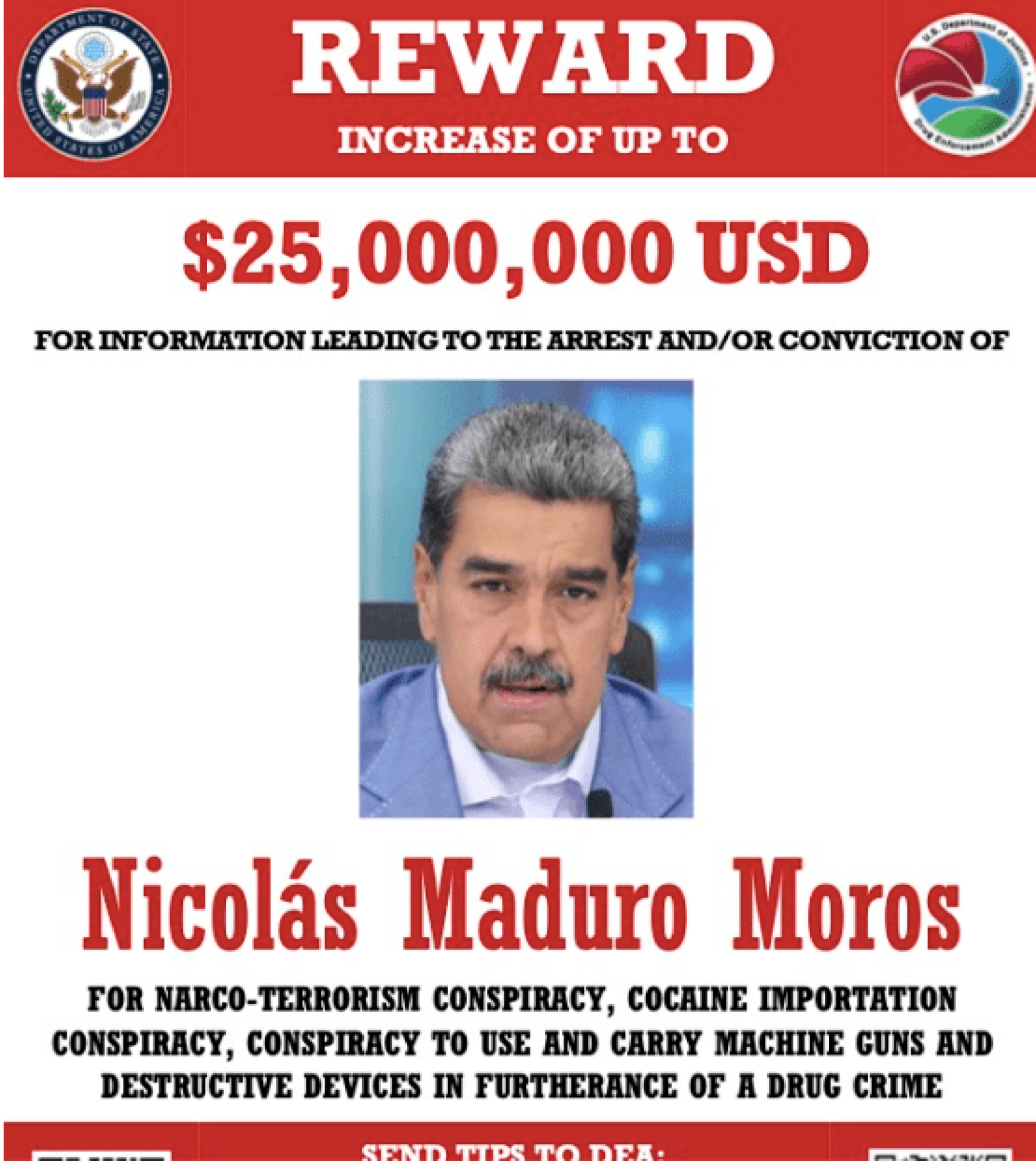 ¡EU ELEVA A 25 MILLONES DE DÓLARES LA RECOMPENSA POR NICOLÁS MADURO!