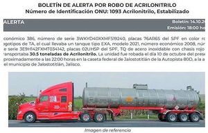 ¡ALERTAN A 8 ESTADOS POR ROBO DE TRÁILER CON SUSTANCIA TÓXICA! -Acrilonitrilo, Es un líquido incoloro y tiene olor dulce y acre, que se disuelve fácil, también es explosivo e inflamable, se usa para hacer plásticos