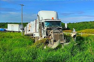 SE LE PONCHA LA LLANTA AL TRAILERO ¡TERMINA EN MEDIO DE LA MALEZA! -En la Veracruz-Cardel