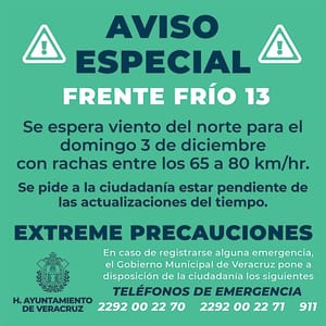 ¡TODOS ALERTAS! -* Por la entrada del Frente Frío No.13 se esperan vientos del norte con rachas entre los 65 a 80 kph dice Pati-Yu