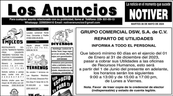 ...LOS ANUNCIOS, AVISOS Y DEMÁS! - MARTES, 28 DE MAYO 2024