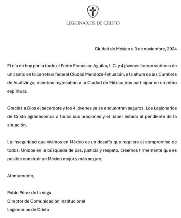 ¡LIBERAN A SACERDOTE Y 4 “LEGIONARIOS DE CRISTO” QUE FUERON SECUESTRADOS!